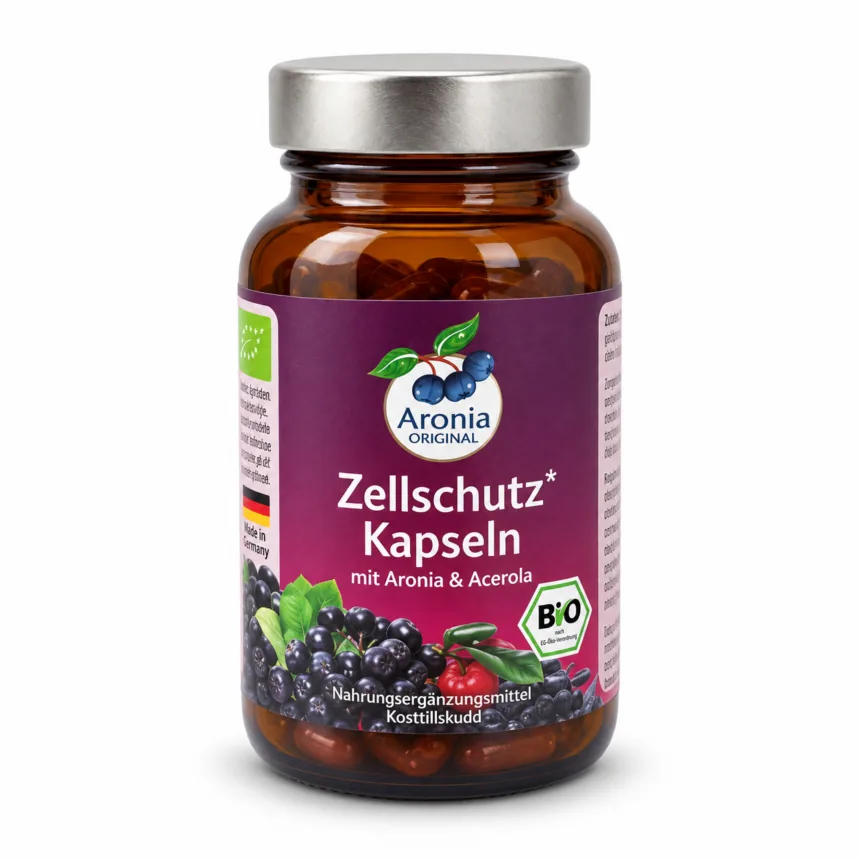 Brun glasflaske med aroniakapsler og to løse kapsler foran.